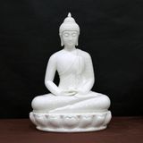 Tượng Thích Ca Mâu Ni ngồi tĩnh tâm bằng sứ trắng ngồi hoa sen cao 36cm