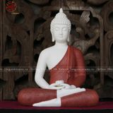 Tượng Thích Ca Mâu Ni ngồi áo nâu đỏ gốm sứ trắng cao 30cm