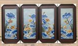 Tranh Tứ Quý hoa sen hạc phủ men xanh 95x45cm khung gỗ thông | Quà Tặng Bố tranh gốm tứ quý
