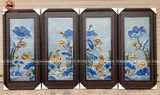 Tranh Tứ Quý hoa sen hạc phủ men xanh 95x45cm khung gỗ thông | Quà Tặng Bố tranh gốm tứ quý