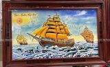 Tranh gốm sứ Bát Tràng họa tiết thuận buồm xuôi gió kích thước 127cm x 78cm khung gỗ hương