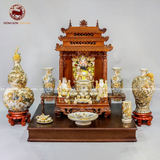 Bộ đồ thờ thần tài gốm Bát Tràng men rạn đắp nổi vẽ vàng thủ công 13 vật phẩm | Đồ Thờ Gốm Bát Tràng