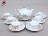 Bộ ấm chén men trắng vẽ hoa sen vàng kim 13 vật phẩm