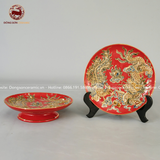 Mâm bồng họa tiết song long chầu nguyệt men sứ đỏ đắp nổi vẽ vàng đường kính 30cm
