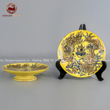 Mâm bồng họa tiết song long chầu nguyệt men sứ vàng đắp nổi vẽ vàng đường kính 25cm