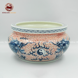 Bát hương họa tiết song long chầu nguyệt men chàm vuốt tay dáng lư đường kính 24cm