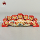 Kỷ ngai thờ bộ 5 thẳng gốm sứ Bát Tràng men sứ đỏ họa tiết hoa sen đắp nổi vẽ vàng