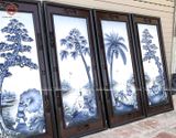 Tranh Tứ Quý Ngư Tiều Canh Mục men sứ xanh lam kích thước 95x45cm đắp nổi khung gỗ sồi | Quà Tặng Bố tranh gốm tứ quý
