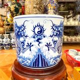 Bát hương song long chầu nguyệt vuốt tay men sứ dong cổ đường kính 28cm