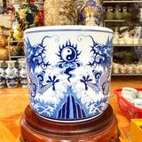Bát hương song long chầu nguyệt vuốt tay men sứ dong cổ đường kính 28cm