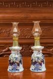 Đèn thờ gốm sứ Bát Tràng dáng bút tháp hoa sen men lam vẽ vàng 24k