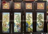 Tranh tứ quý gốm Bát Tràng đắp nổi men màu kích thước đại 140cm x 50cm khung gỗ hương | Quà Tặng Bố tranh gốm tứ quý
