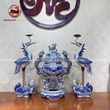 Bộ tam sự đỉnh hạc men lam kích thước cao 50cm vẽ vàng 24K