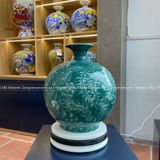 Bình Hút Tài Lộc gốm Bát Tràng song long men sứ xanh ngọc lục bảo vẽ vàng kích thước 30cm