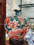 Bình Hút Tài Lộc gốm Bát Tràng túi tiền hoa sen men xanh ngọc vẽ vàng kích thước 35cm