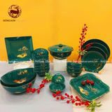 Bộ bát ăn gốm sứ Bát Tràng men xanh lục bảo hoa sen vẽ vàng kim 24k 21 vật phẩm