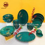 Bộ bát ăn gốm sứ Bát Tràng men xanh lục bảo hoa sen vẽ vàng kim 24k 21 vật phẩm