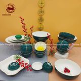 Bộ bát ăn gốm sứ Bát Tràng men xanh lục bảo hoa sen vẽ vàng kim 24k 21 vật phẩm