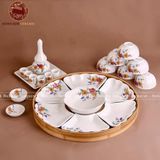 Bộ bát ăn gốm sứ Bát Tràng hoa mặt trời hoa đào men trắng 21 vật phẩm