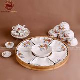 Bộ bát ăn gốm sứ Bát Tràng hoa mặt trời hoa đào men trắng 21 vật phẩm