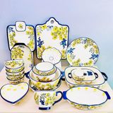 Bộ bát ăn gốm sứ Bát Tràng hoa mai vàng quai xanh men trắng 19 vật phẩm