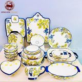 Bộ bát ăn gốm sứ Bát Tràng hoa mai vàng quai xanh men trắng 19 vật phẩm