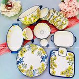 Bộ bát ăn gốm sứ Bát Tràng hoa mai vàng quai xanh men trắng 19 vật phẩm