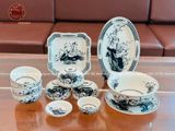 Bộ bát ăn gốm sứ Bát Tràng họa tiết hoa sen men chàm 18 vật phẩm