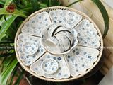 Bộ bát ăn gốm sứ Bát Tràng hoa mặt trời men sứ trắng chấm bi 15 vật phẩm