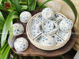 Bộ bát ăn gốm sứ Bát Tràng hoa mặt trời men sứ trắng chấm bi 15 vật phẩm