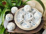 Bộ bát ăn gốm sứ Bát Tràng hoa mặt trời men sứ trắng chấm bi 15 vật phẩm