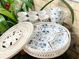 Bộ bát ăn gốm sứ Bát Tràng hoa mặt trời men sứ trắng chấm bi 15 vật phẩm