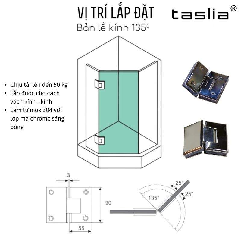 Bản lề cabin tắm kính - kính 135 độ màu Chrome