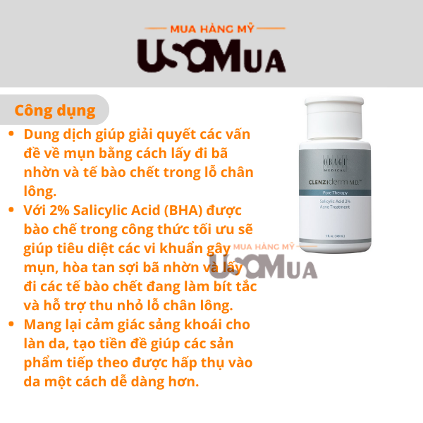Dung Dịch Tẩy Da Chết OBAGI Clenziderm MD Pore Therapy Salicylic Acid 2% (BHA) Acne Treatment
