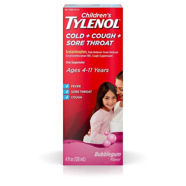 TPCN Children's TYLENOL Cold + Cough + Sore Throat Ages 4-11 Years, Bubble Gum Flavor, 120ml