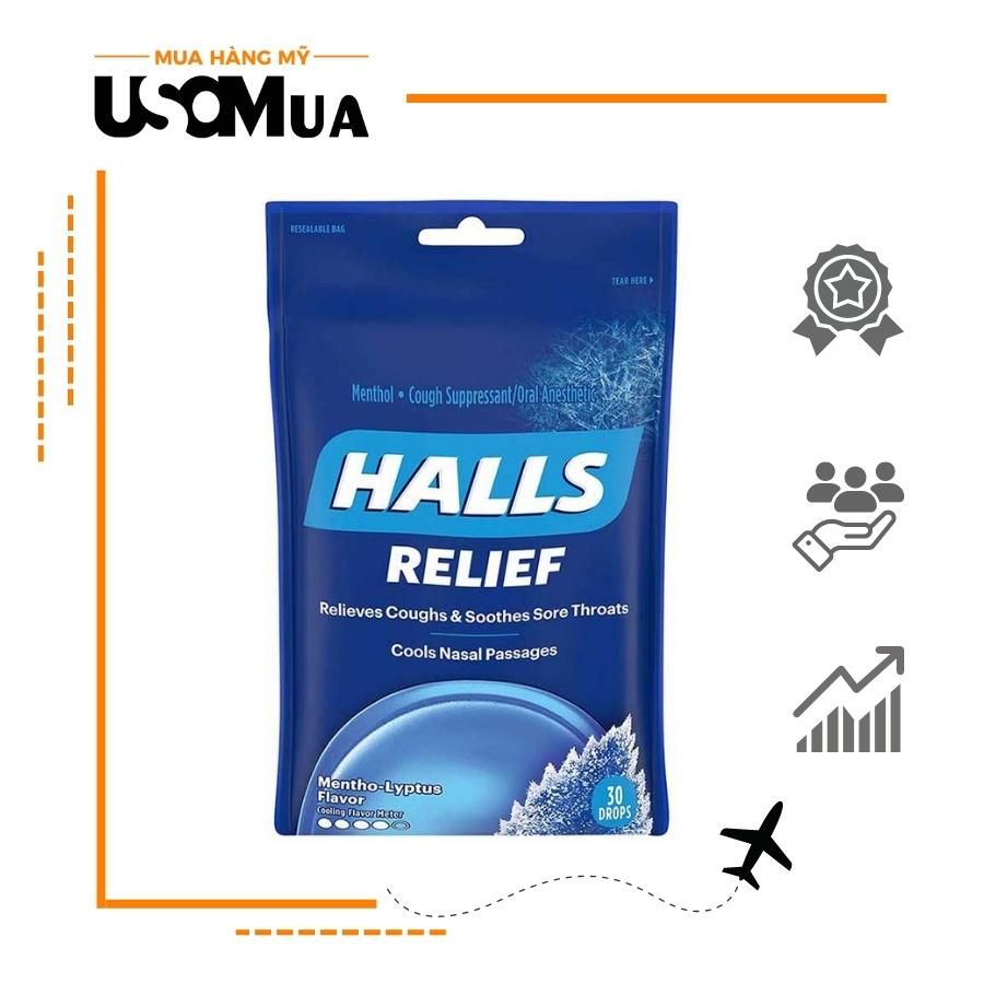 Kẹo HALLS Relief Relieves Coughs & Soothes Sore Throats, 30 Viên