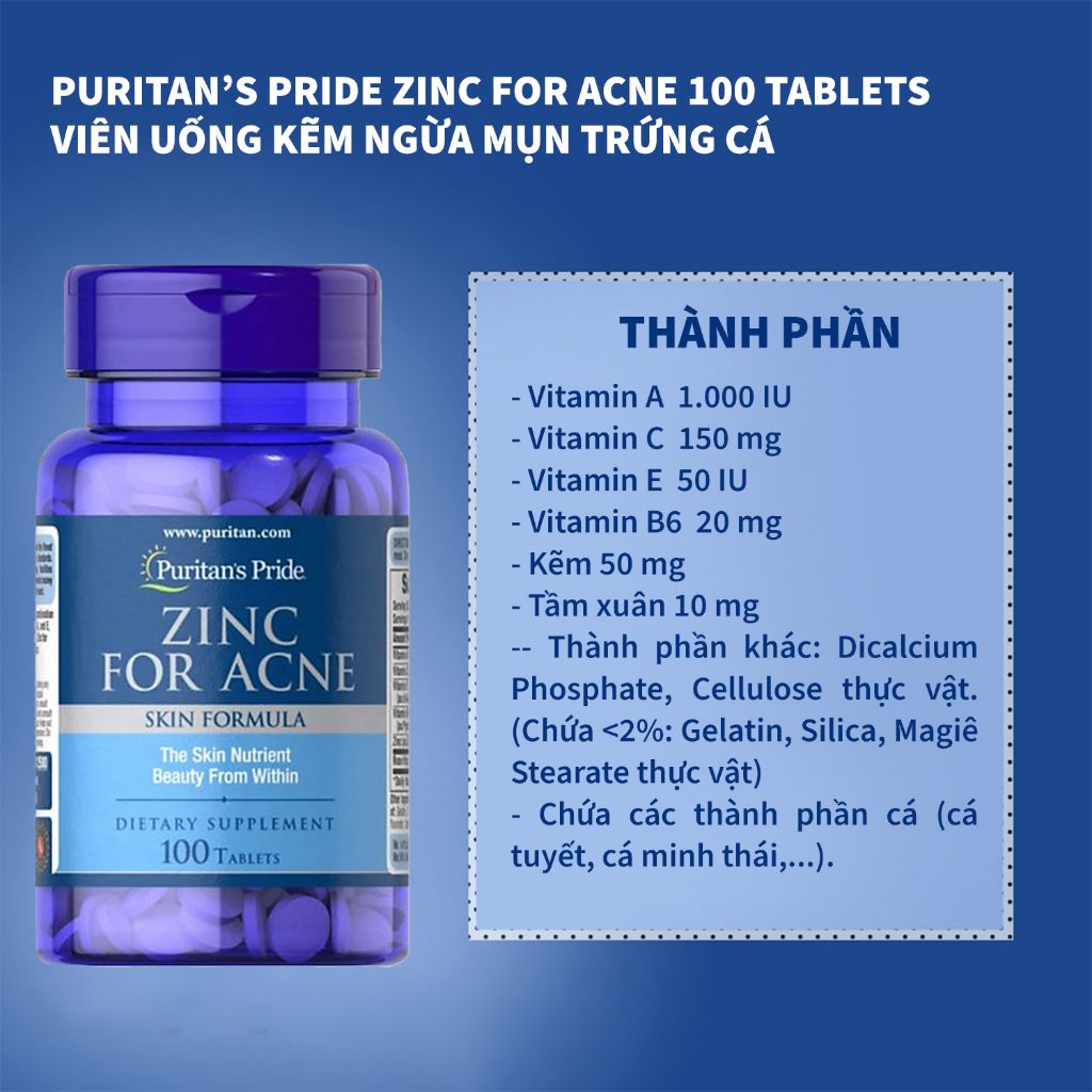 Viên Uống Kẽm Ngừa Mụn PURITAN'S PRIDE ZinC For Acne Skin Formula