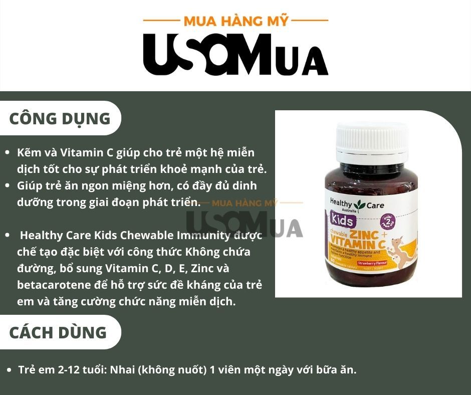 Viên Nhai Tăng Sức Đề Kháng HEALTHY CARE Úc ZinC + Vitamin C