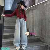 Quần Jean Suông Dài Bé Gái Thêu Chữ Đỏ (26-40kg)