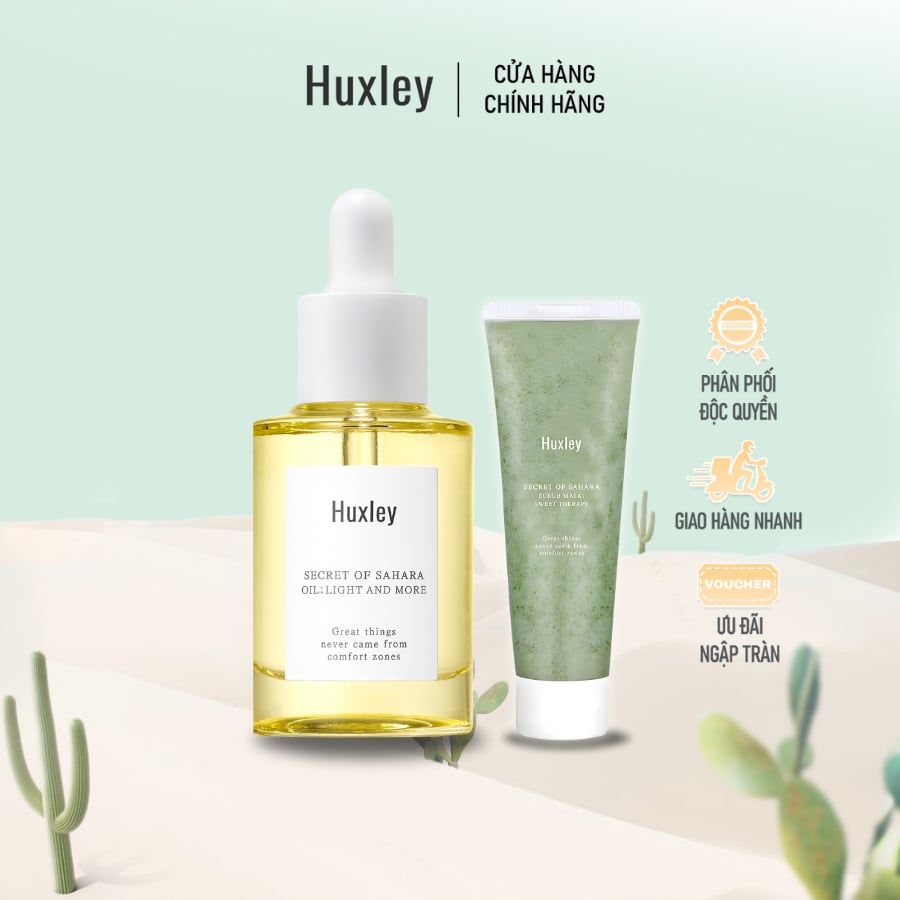 Combo Tẩy Tế Bào Chết Huxley Scrub Mask & Dưỡng Chất Cấp Ẩm Dưỡng Sáng Da Huxley Oil Light And More