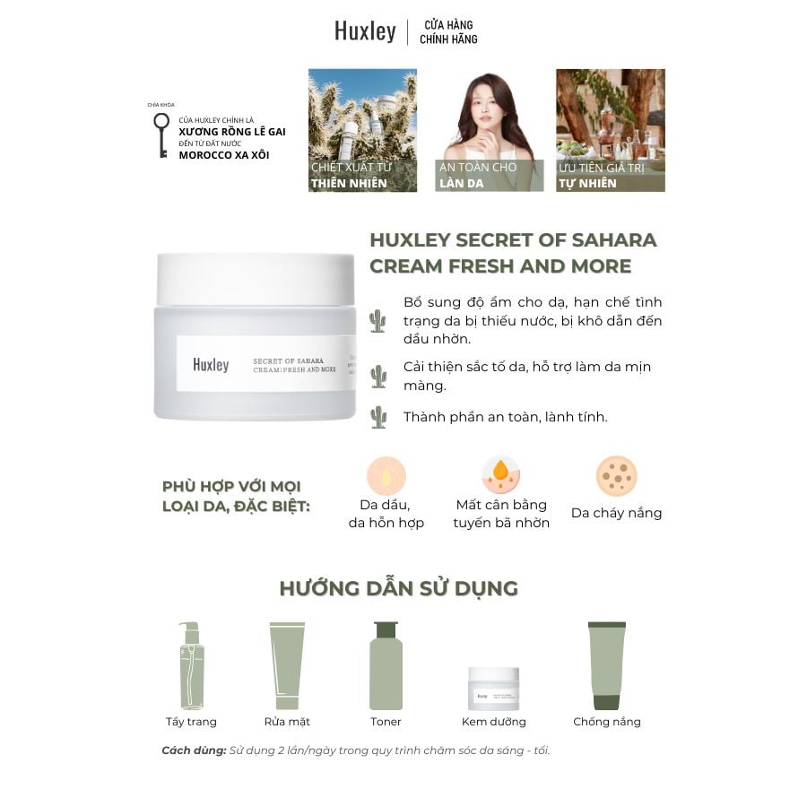Combo dưỡng ẩm toàn diện Huxley Cream Fresh and More 50ml Huxley Essence Grab Water 30ml