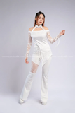 Set lưới ren trắng áo dài tay cột dây hở vai xẻ hông kèm quần dài ống loe phối ren