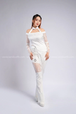 Set lưới ren trắng áo dài tay cột dây hở vai xẻ hông kèm quần dài ống loe phối ren
