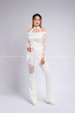 Set lưới ren trắng áo dài tay cột dây hở vai xẻ hông kèm quần dài ống loe phối ren