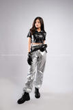 Outfit Phối Sẵn - (Quần Bạc Ống Rộng phối Sơmi Da Bóng Đen)