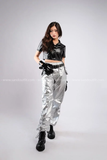 Outfit Phối Sẵn - (Quần Bạc Ống Rộng phối Sơmi Da Bóng Đen)