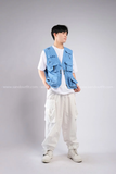 Outfit Phối Sẵn - (Quần Túi Hộp Ống Rộng Trắng phối Áo Gile Túi Hộp Xanh Biển)