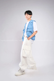 Outfit Phối Sẵn - (Quần Túi Hộp Ống Rộng Trắng phối Áo Gile Túi Hộp Xanh Biển)