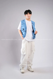 Outfit Phối Sẵn - (Quần Túi Hộp Ống Rộng Trắng phối Áo Gile Túi Hộp Xanh Biển)