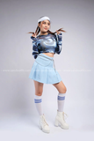  Outfit Phối Sẵn - (Váy Xếp Li phốI Croptop Tay Dài Màu Loang) 